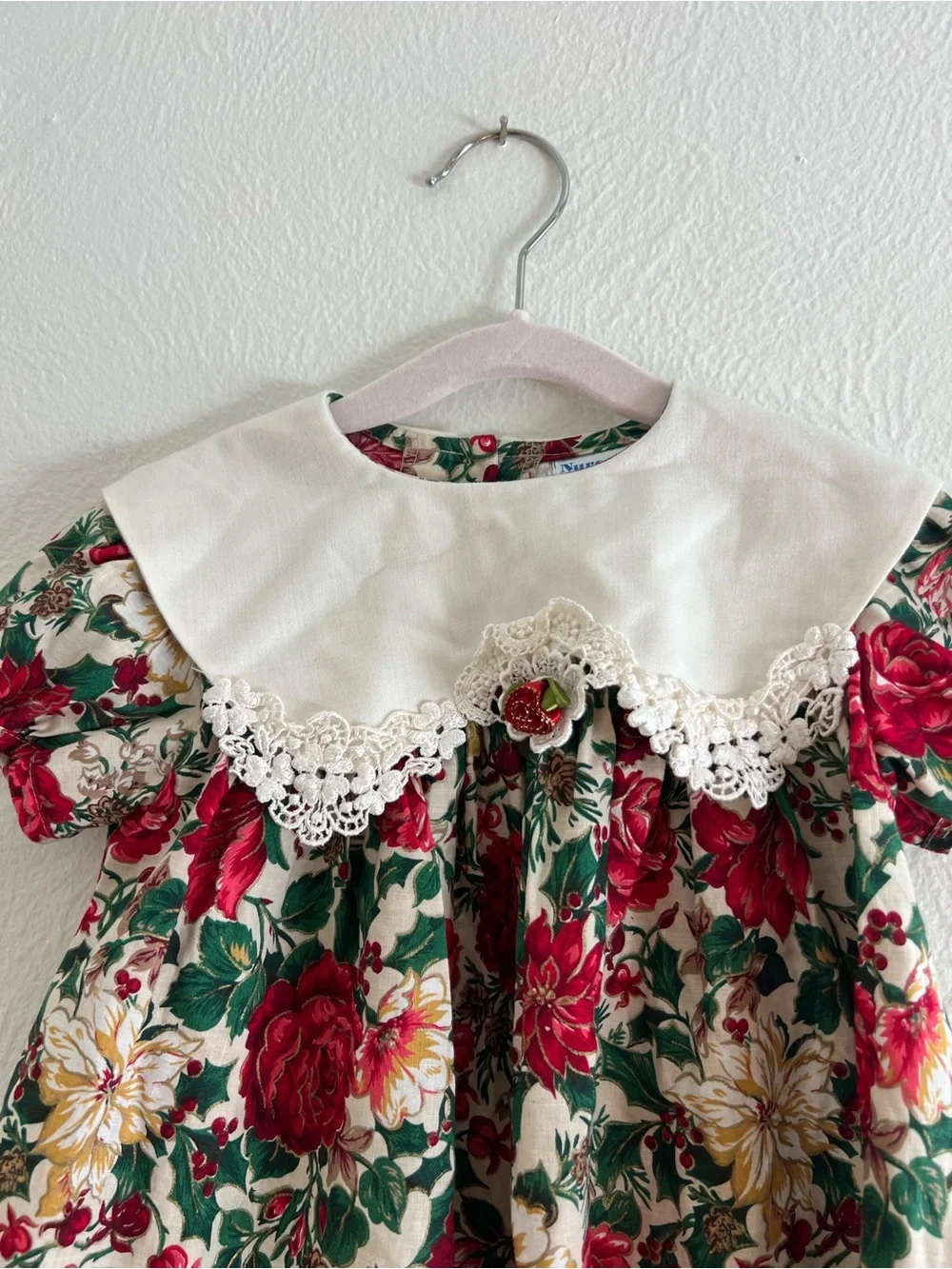 Vintage Holiday Floral Dress with Red & Green Peter Pan Collar size 18 months